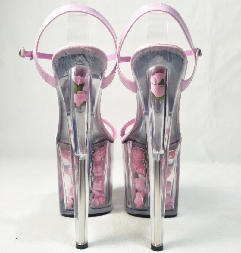 Noble  pink rose decoration platform transparent sandals