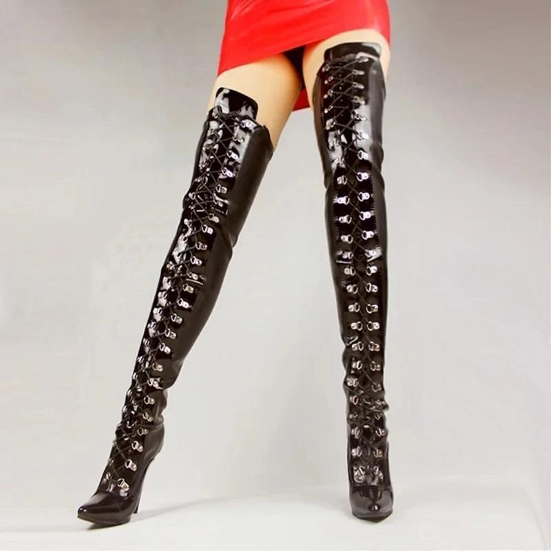 12M High Heel Pointed toe Latex Material Over-The-Knee Cross-tied Women's Thigh Long Boots