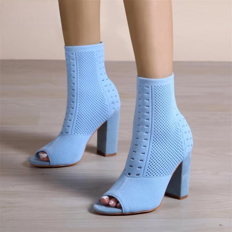 Spring Autumn Fashion Peep Toe  Knitted Stretch Fabric Socks Boots Women Square High Heels