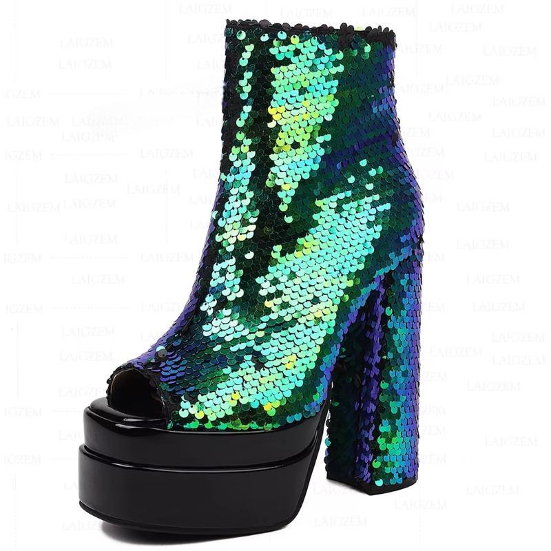 Bling Glitter Thick High Heels Peep Toe Short Boots Zip Up Ladies Party Shoes