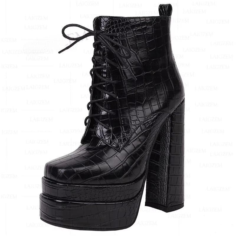 Crocodile Print Platfrom Zip Up Chunky High Heels Female Shoes Woman