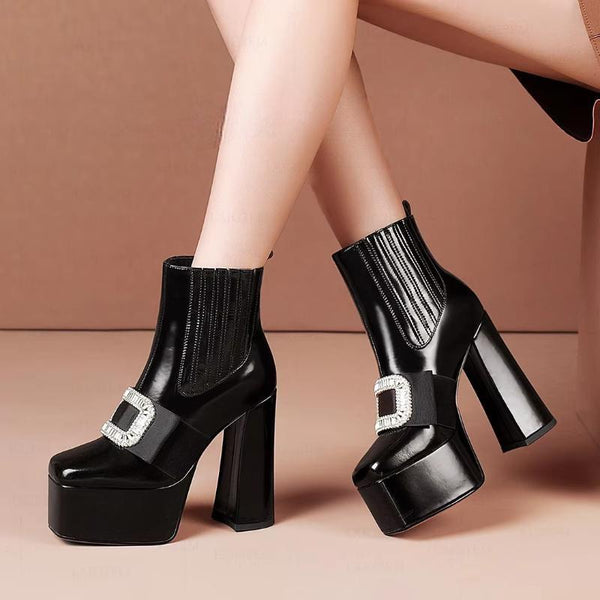 SUPER Women Ankle Boots Real Leather Block High Heels Side Elastic Band Booties