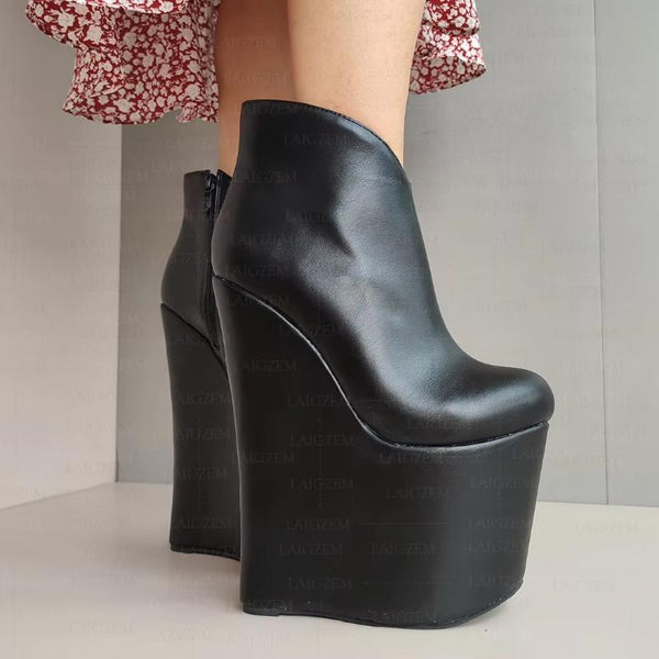 Platform Round Toe 20CM High Heels Side Zip Up Boots Height Increase Shoes