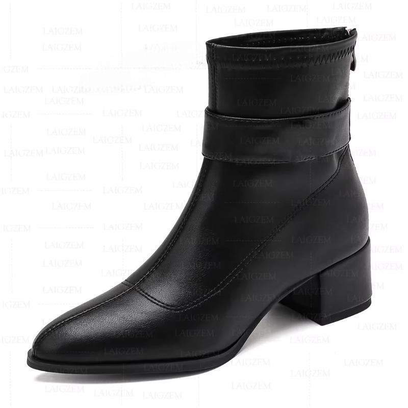 Back Zip Up Pointed Toe 5CM Thick High Heels Short Boots Handmade Shoes