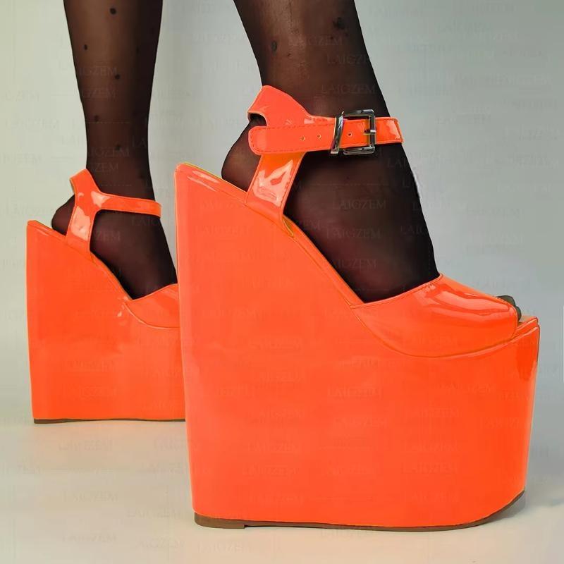 Platform Wedges 22CM Neon Colors Ankle Strap Pumps Height Increase Shoes