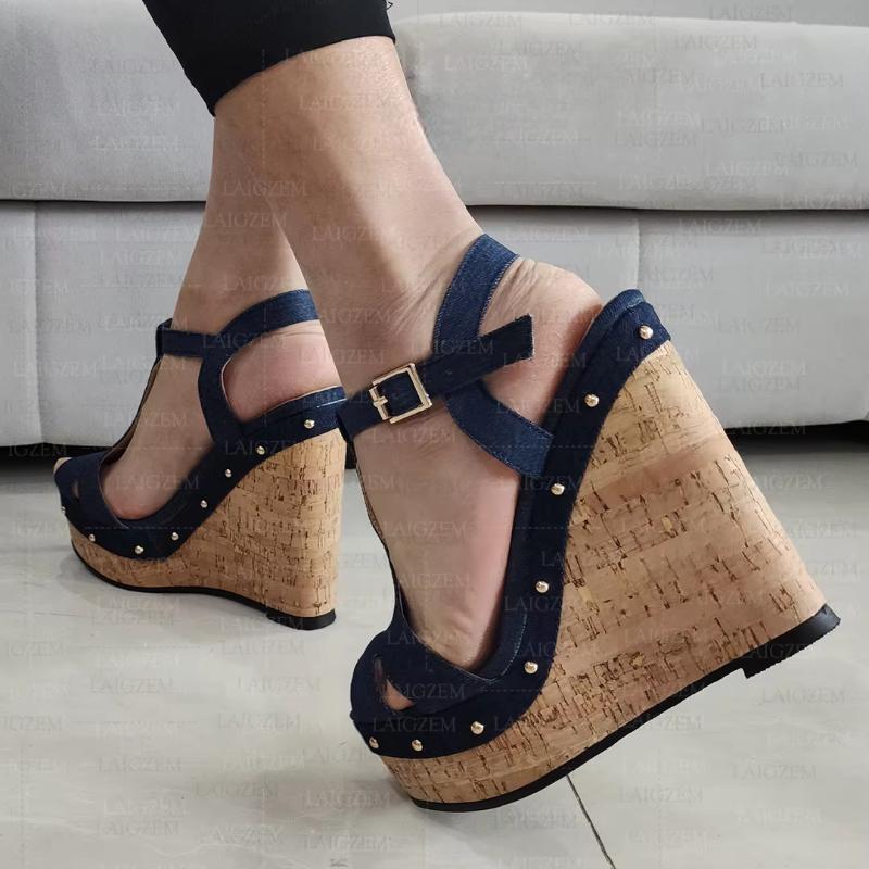 Women Platform Wedges Sandals Denim Studded Open Toe Pumps