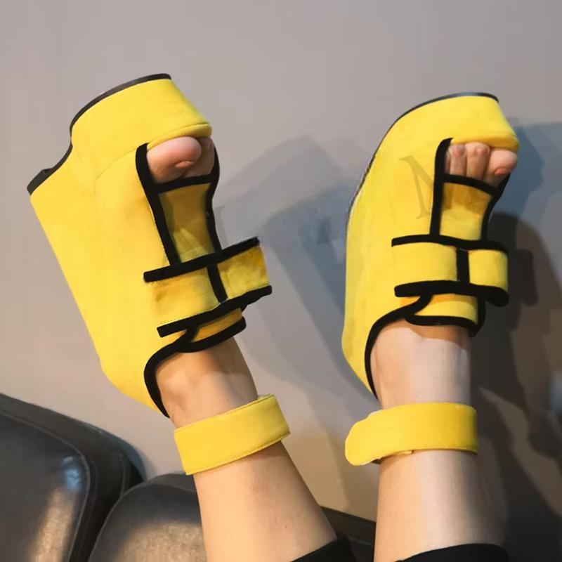 SUPER Women Sandals Faux Suede Platform Wedges Heels Sandals Yellow Shoes Woman