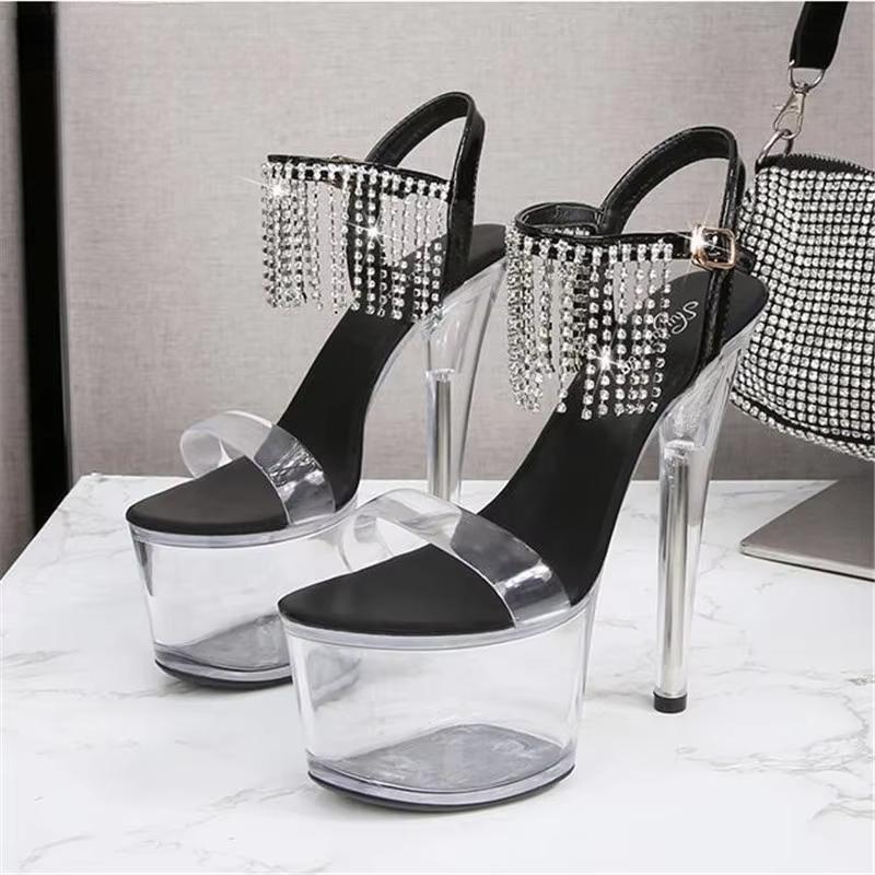 20cm Thin Heels PVC Sandals female transparent crystal platform bridal shoes women