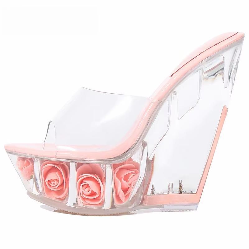 Crystal Slippers 14cm wedges Sandals Flowers Platform shoes woman