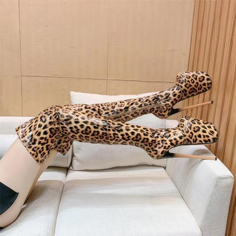 Leopard print Motorcycle botas mujer over-the-knee long Boots