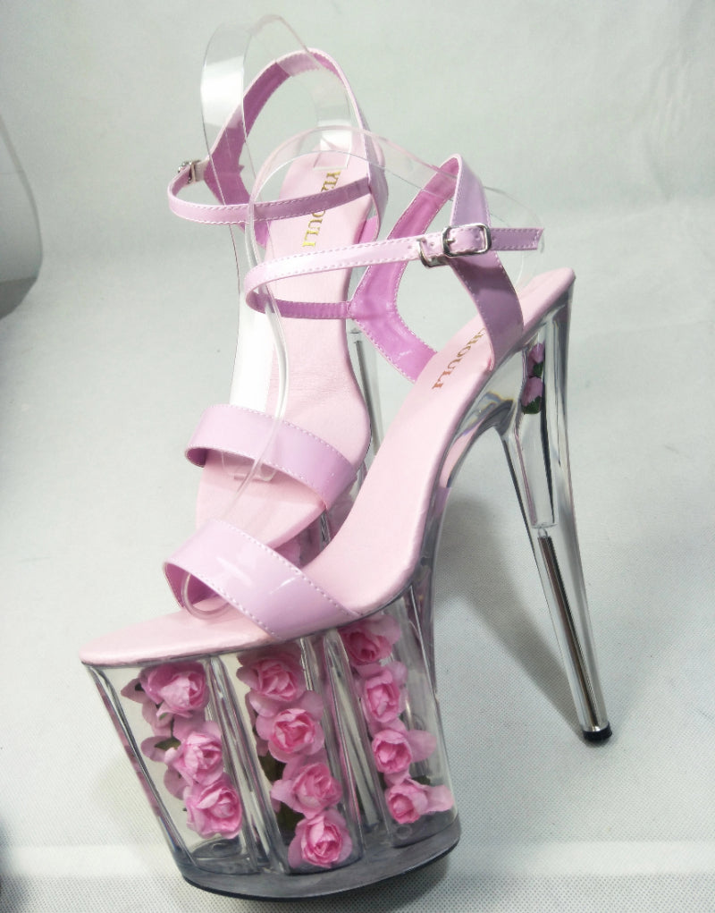 Noble  pink rose decoration platform transparent sandals