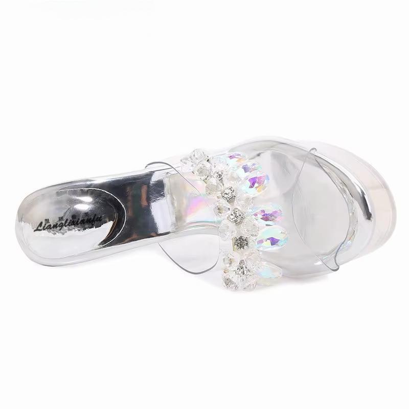 Summer female sandals transparent crystal women Rhineston shoes 13cm thick heels