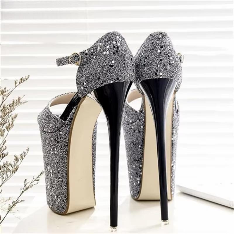 Stiletto Bling Sandals 20cm Thin high heels Sequins Nightclub show platform shoes woman