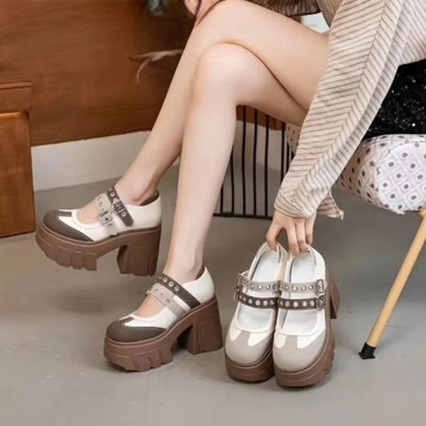 Synthetic Patent Genuine Leather Chunky Heels Pumps