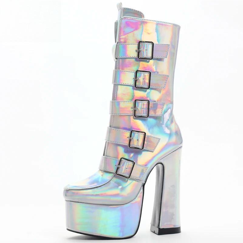 Mid-Calf Boots Holographic Color 15cm High Square Heel Platform Pointed toe Boots