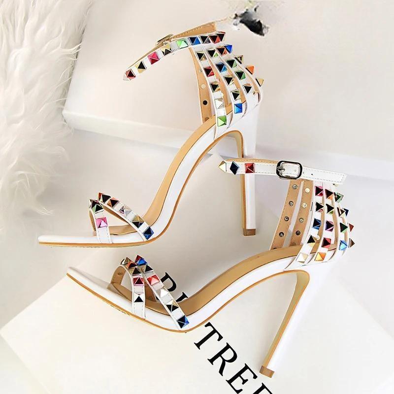 Color Rivets Women Sandals Roman Style Heeled Sandals Hollow Out High Heels Stiletto Sexy Party Shoes