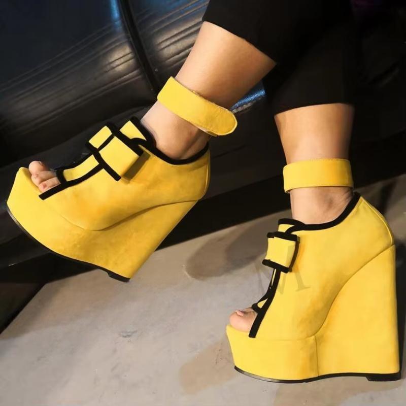 SUPER Women Sandals Faux Suede Platform Wedges Heels Sandals Yellow Shoes Woman