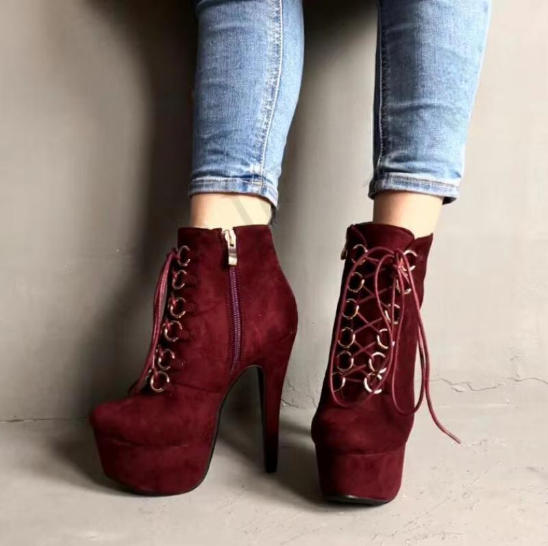 Faux Suede Platform High Heel Zipper Boots Wine Red Black Ladies Botines