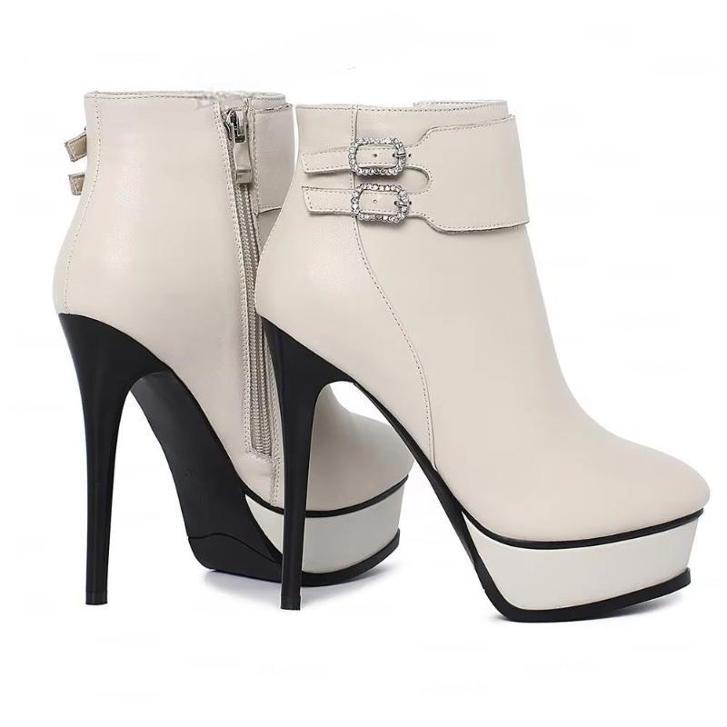 FASHION Women Ankle Platform Boots Side Zip Real Leather Thin High Heels Booties