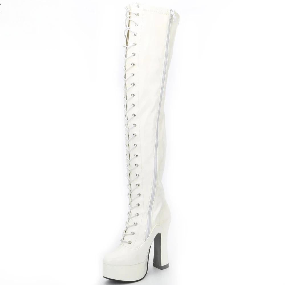 12CM High Block Heel Platform Cross-tied Zip Over-the-Knee PU Leather Ladies Sexy Long Boot