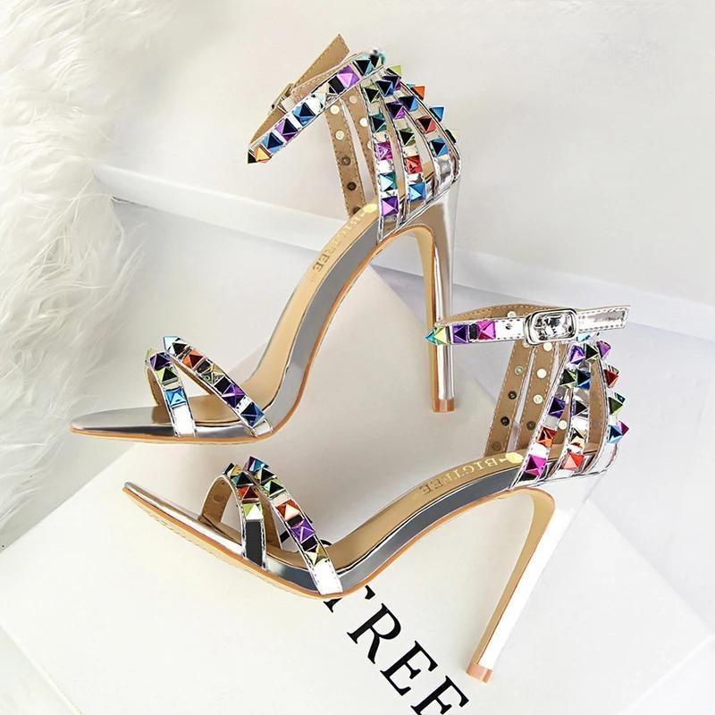 Color Rivets Women Sandals Roman Style Heeled Sandals Hollow Out High Heels Stiletto Sexy Party Shoes
