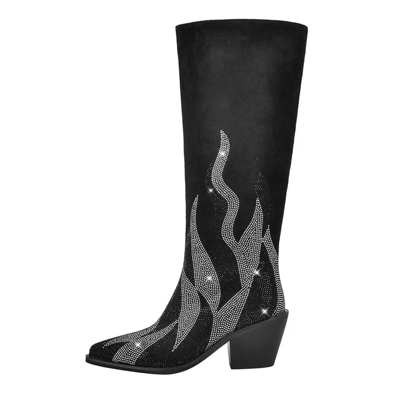 Pointed Toe Rhinestone Chunky Heel Thigh Boots