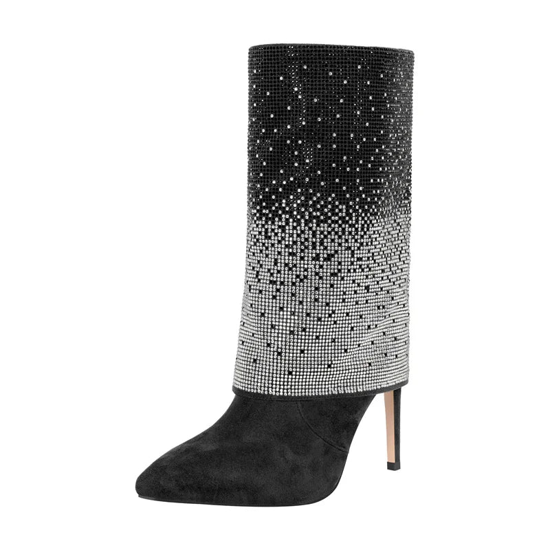 Rhinestone Fold Over Mid-Calf Trouser Tube Slip-On Boots