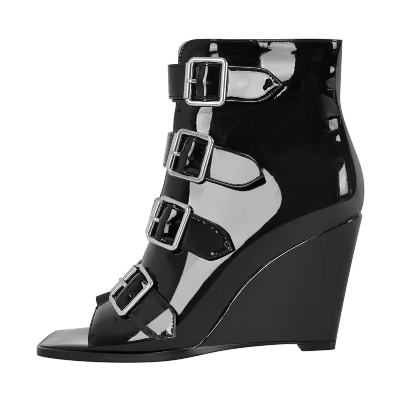 Women Square Open Toe Wedge Heel Ankle Boots Sandals