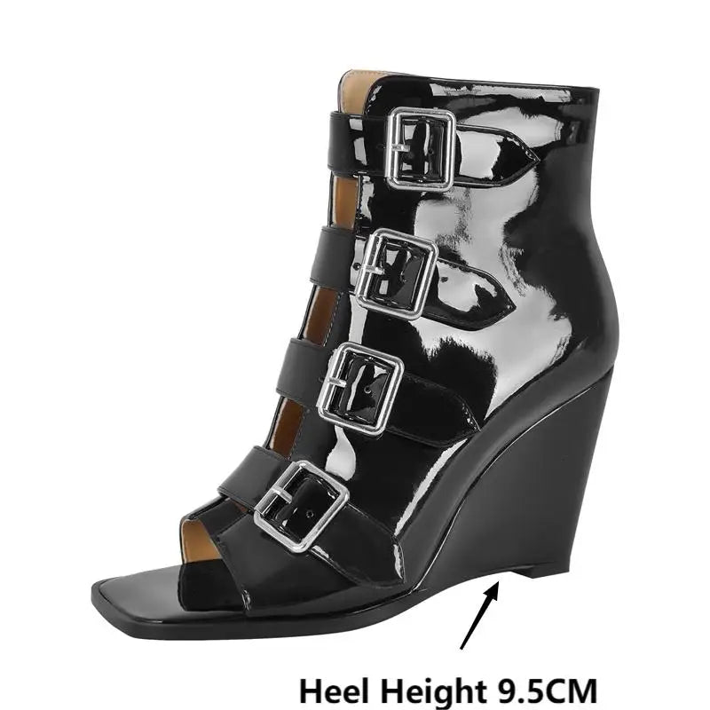 Women Square Open Toe Wedge Heel Ankle Boots Sandals