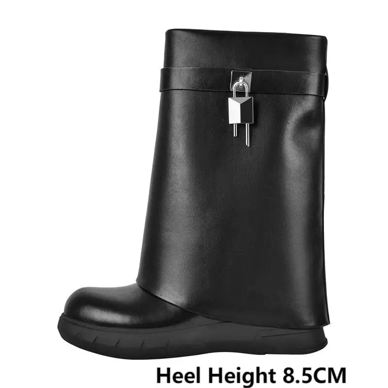 Black Matte Lock Shark Skirt Boots Thick High Heel Short Fold Woman Boots