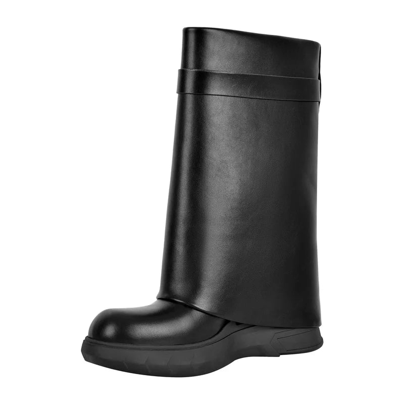 Black Matte Lock Shark Skirt Boots Thick High Heel Short Fold Woman Boots