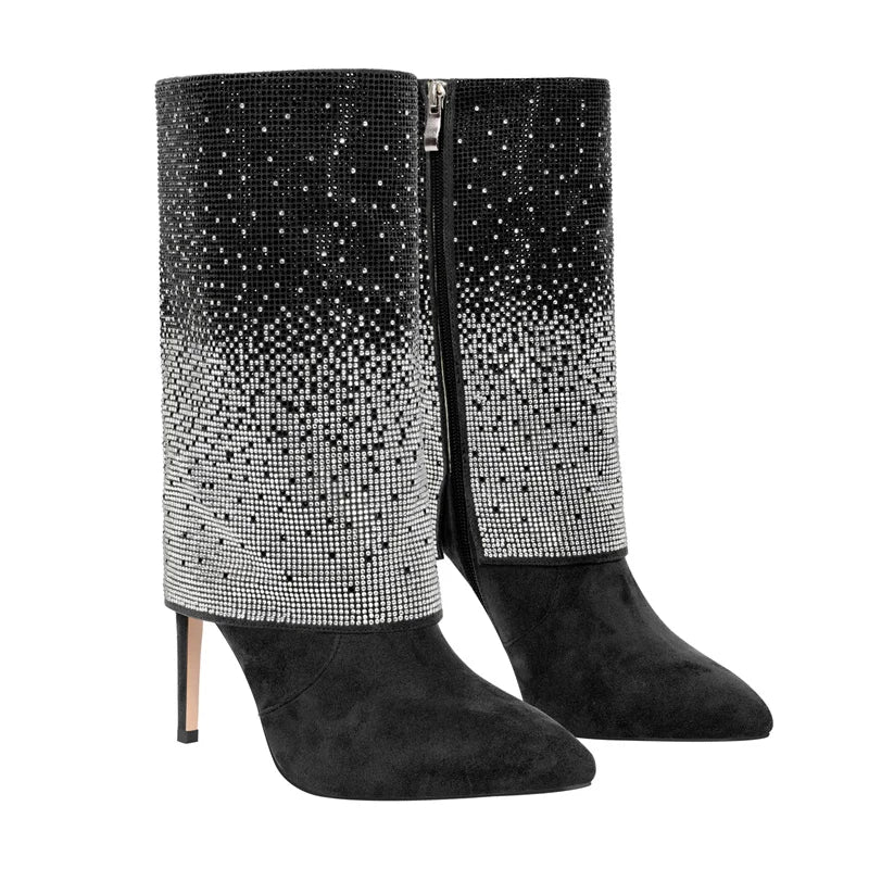 Rhinestone Fold Over Mid-Calf Trouser Tube Slip-On Boots