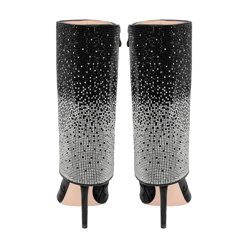 Rhinestone Fold Over Mid-Calf Trouser Tube Slip-On Boots