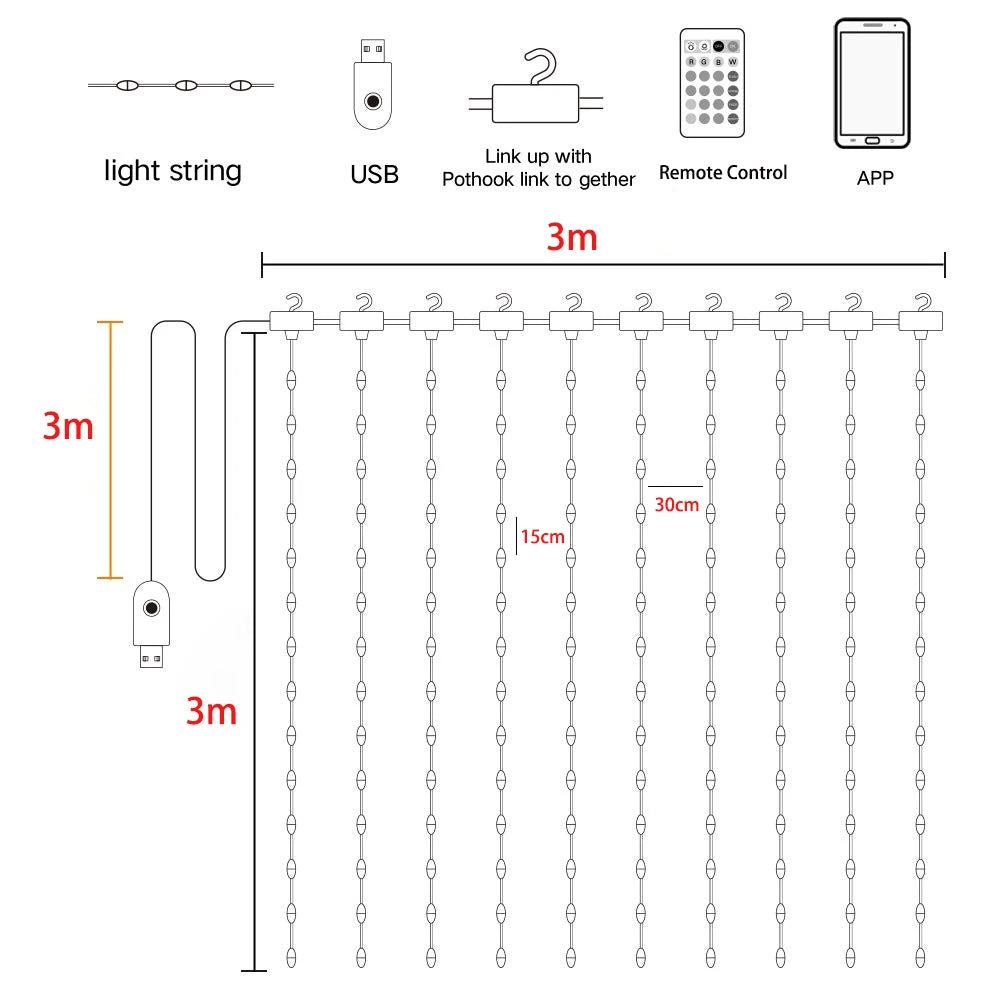 Smart Curtain Ligtht Garland USB Bluetooth Remote Festoon Lamp Led Window Fairy Light