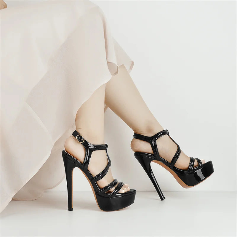 Women Peep Toe Platform Sandals Ankle Strap Chuncky Black High Heel Sandals