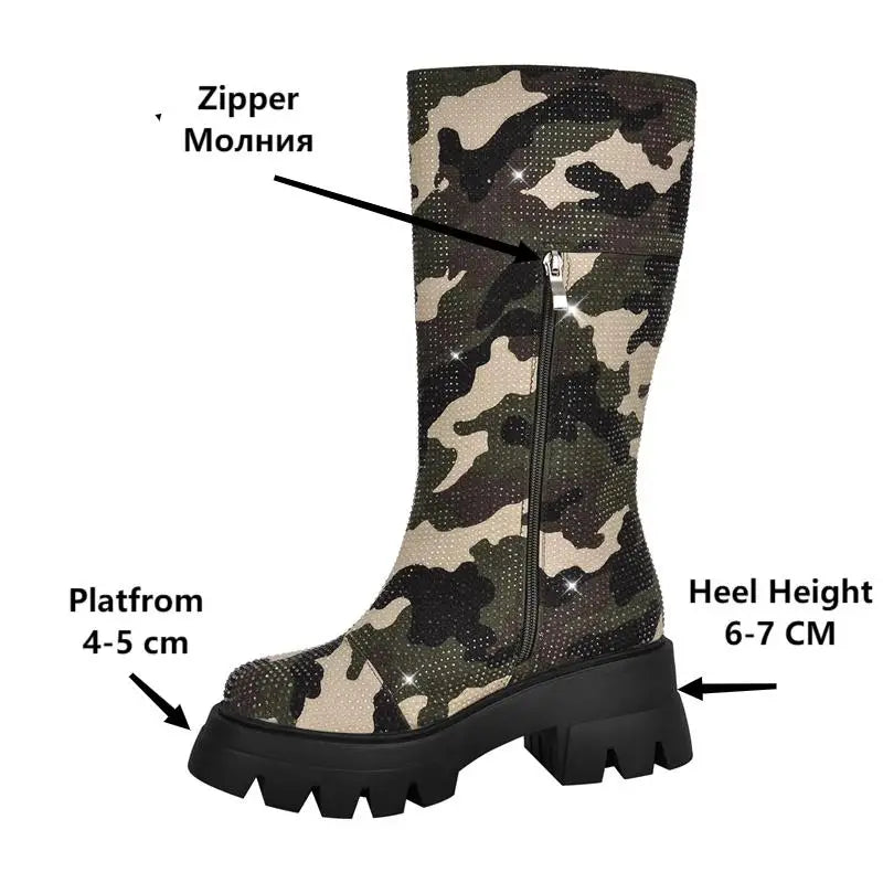 Platform Rhinestone Camouflage  Mid Calf Boots Black Chunky High Heels