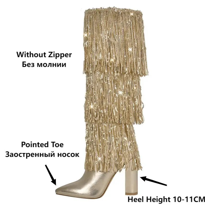 Pointed Toe  Sliver Fringe Metallic Slim  Knee Boots  Sexy Dance Chunky  Heel Boots