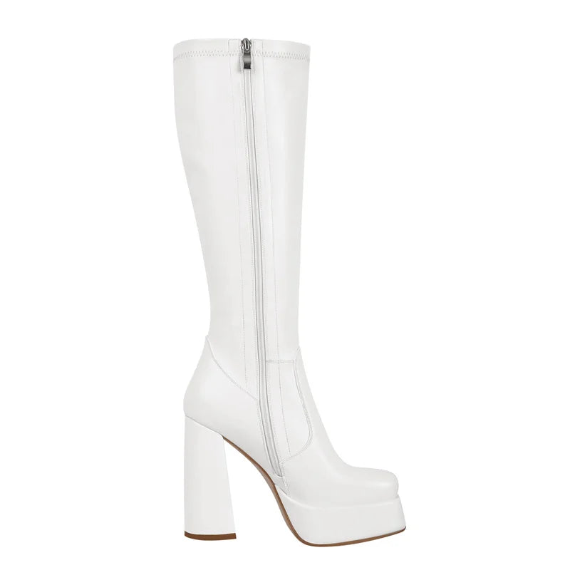 Women Square Toe Platform  Knee High Boots