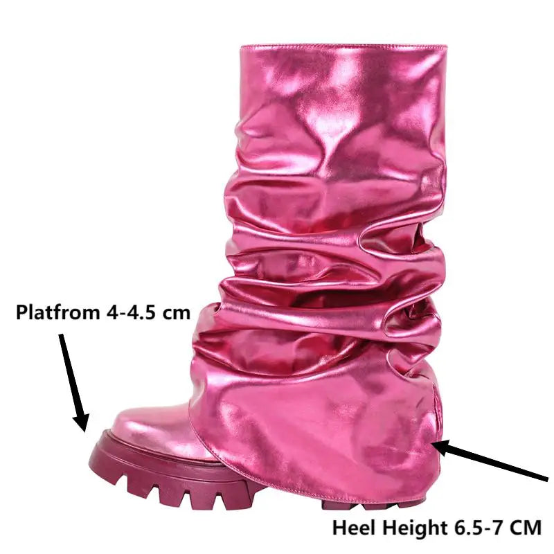 Women Fold Over Boots Round Toe Webs Handmade Female  Mid-Calf Boots