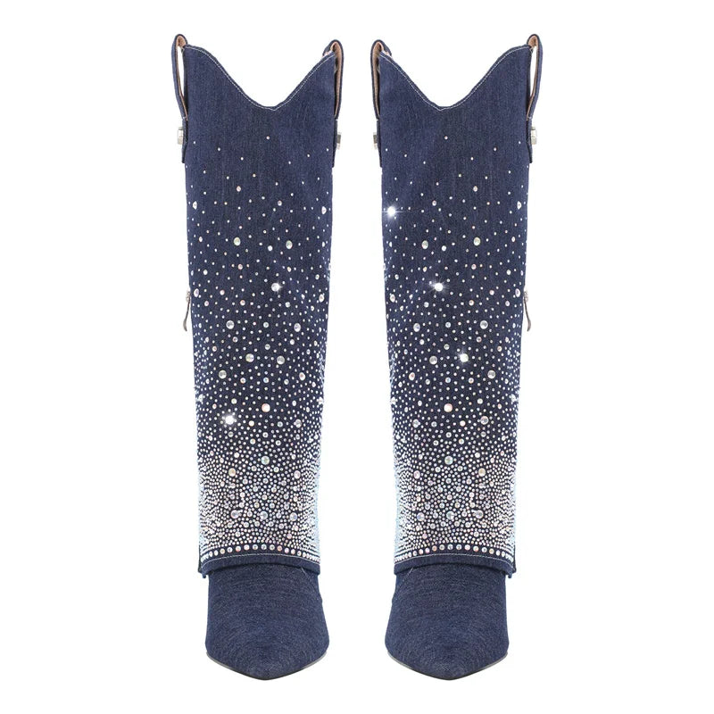 Denim Boots Knee Thin High Rhinestone Studded Pointed Toe Cowboy Pull-On Jean Boots