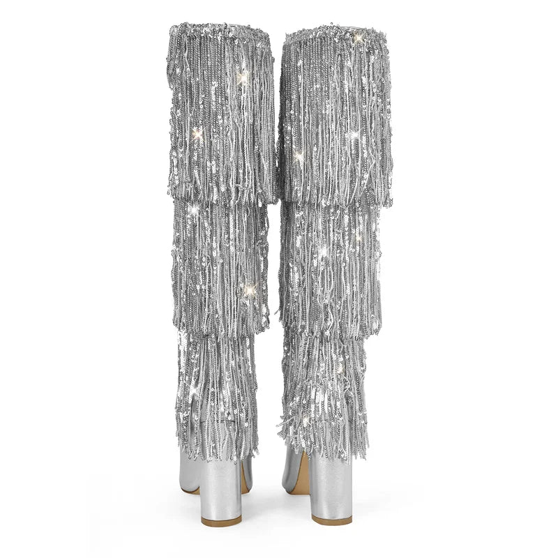 Pointed Toe  Sliver Fringe Metallic Slim  Knee Boots  Sexy Dance Chunky  Heel Boots