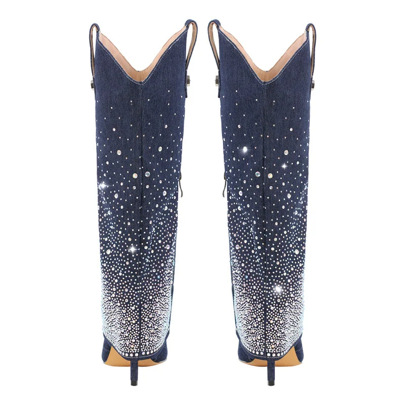 Denim Boots Knee Thin High Rhinestone Studded Pointed Toe Cowboy Pull-On Jean Boots