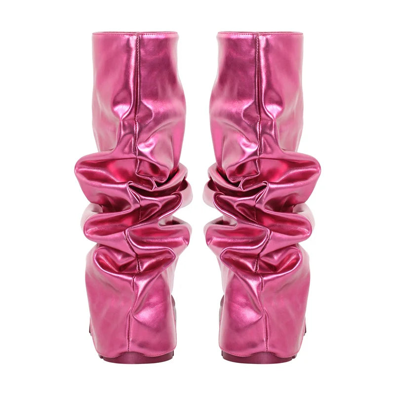 Women Fold Over Boots Round Toe Webs Handmade Female  Mid-Calf Boots