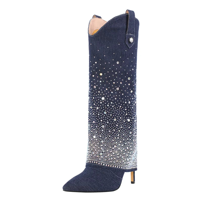 Denim Boots Knee Thin High Rhinestone Studded Pointed Toe Cowboy Pull-On Jean Boots