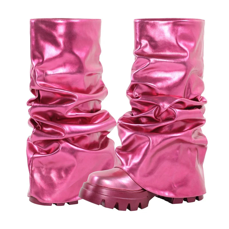 Women Fold Over Boots Round Toe Webs Handmade Female  Mid-Calf Boots