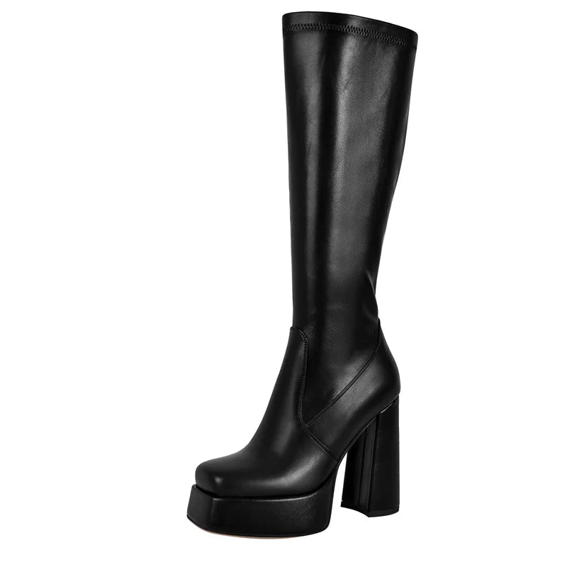 Women Square Toe Platform  Knee High Boots