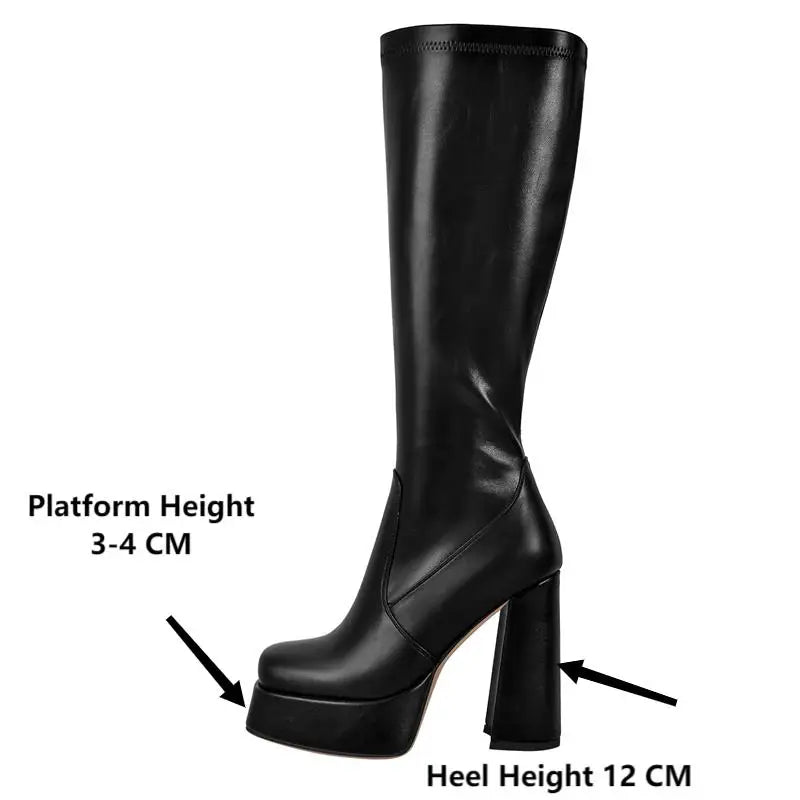 Women Square Toe Platform  Knee High Boots