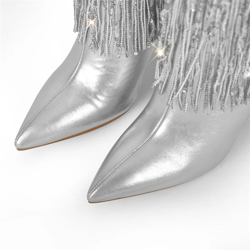 Pointed Toe  Sliver Fringe Metallic Slim  Knee Boots  Sexy Dance Chunky  Heel Boots