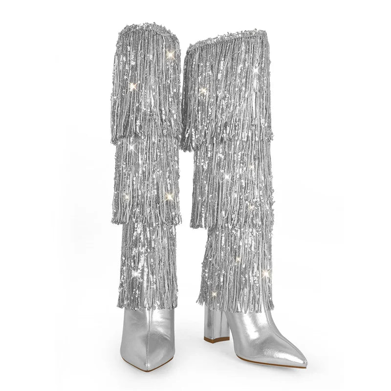 Pointed Toe  Sliver Fringe Metallic Slim  Knee Boots  Sexy Dance Chunky  Heel Boots