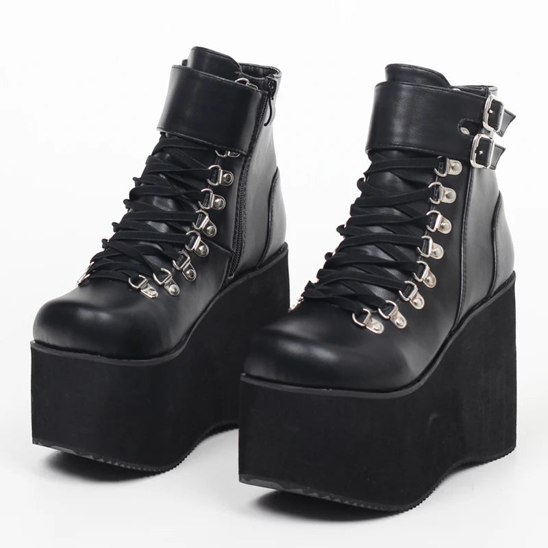Women Ankle Boots 11CM High Wedge Heel Thick Platform Japanese style Shoes